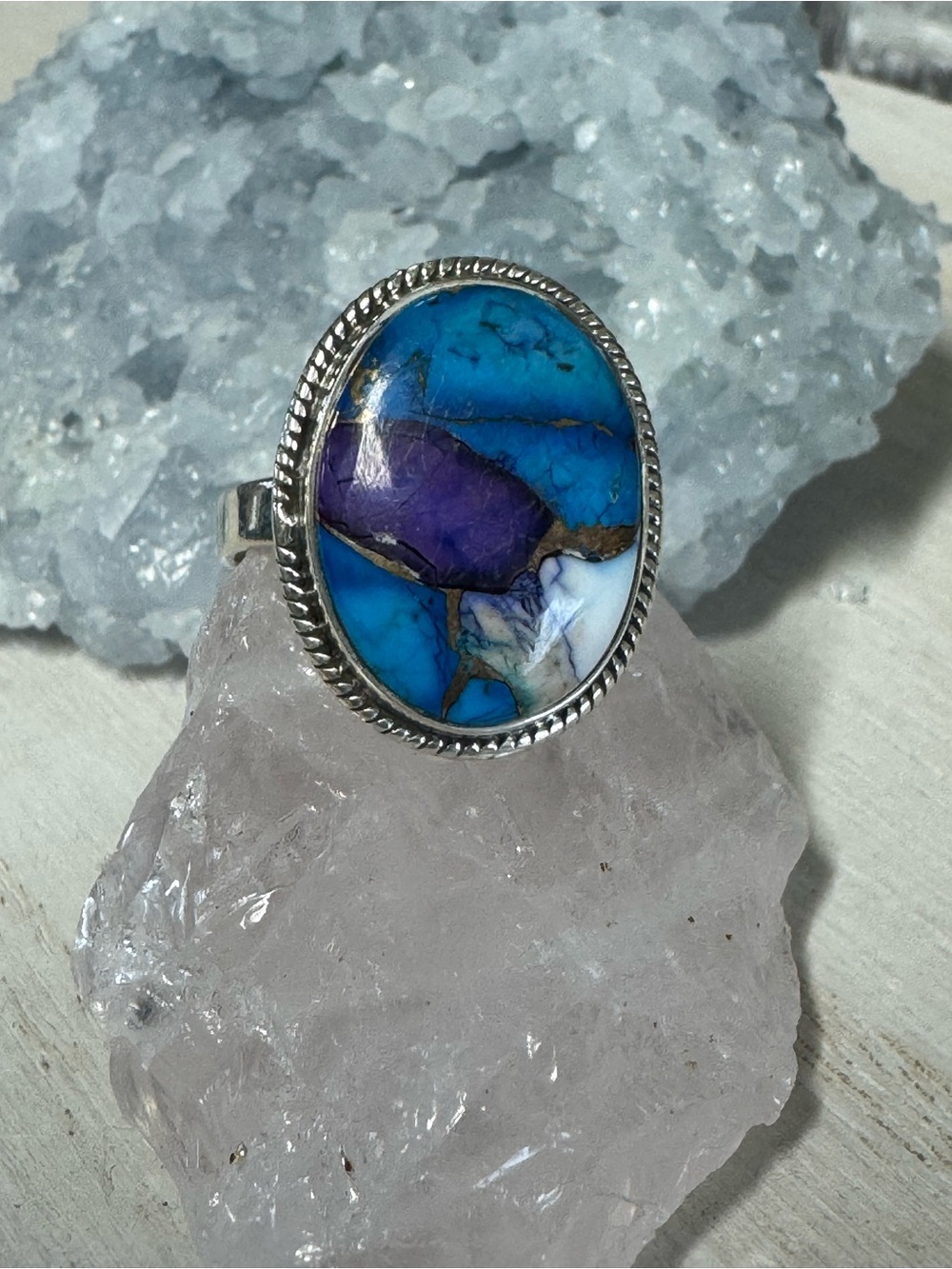 Kingman Purple Blue Dahlia Sterling Silver Oval Statement Ring